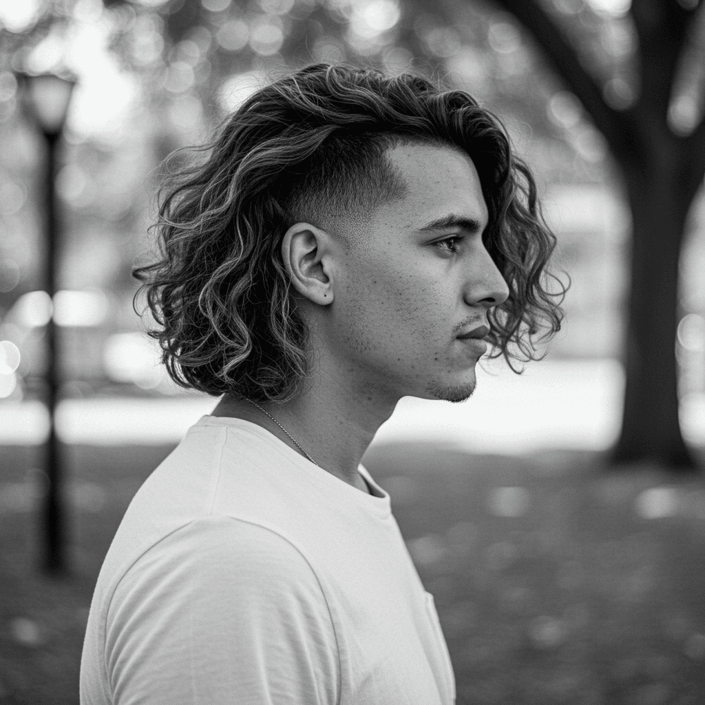 Perfect 5 Low Taper Fade Wavy Hair styles for men 2 A trendy low taper fade with long wavy hair, featuring clean faded sides and flowing, voluminous waves on top for a natural and stylish look.
